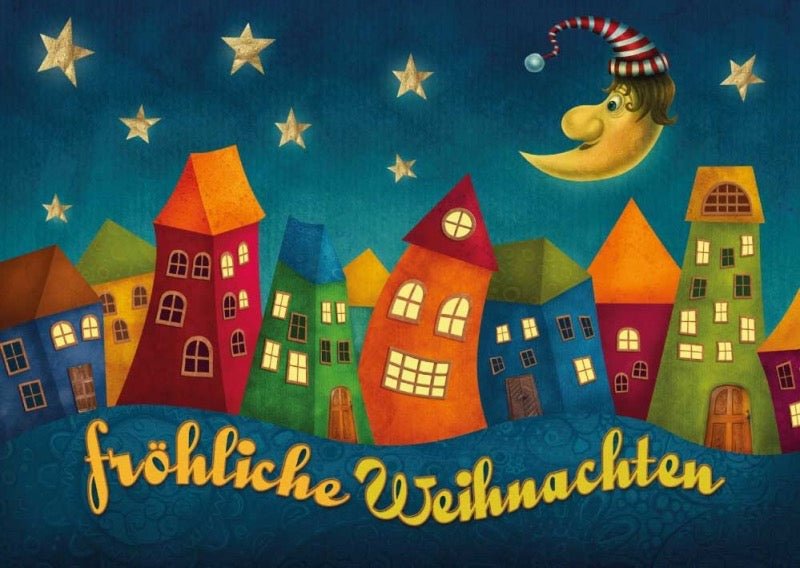 Weihnachtspostkarte Mond mit Schlafmütze: fröhliche Weihnachten