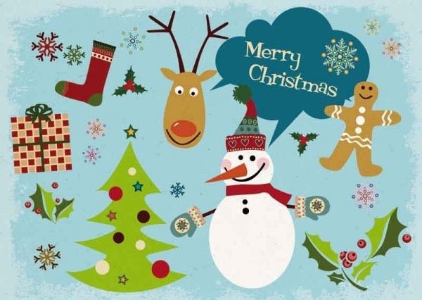 Weihnachtspostkarte retro Illustrationen Weihnachten blau: Merry Christmas