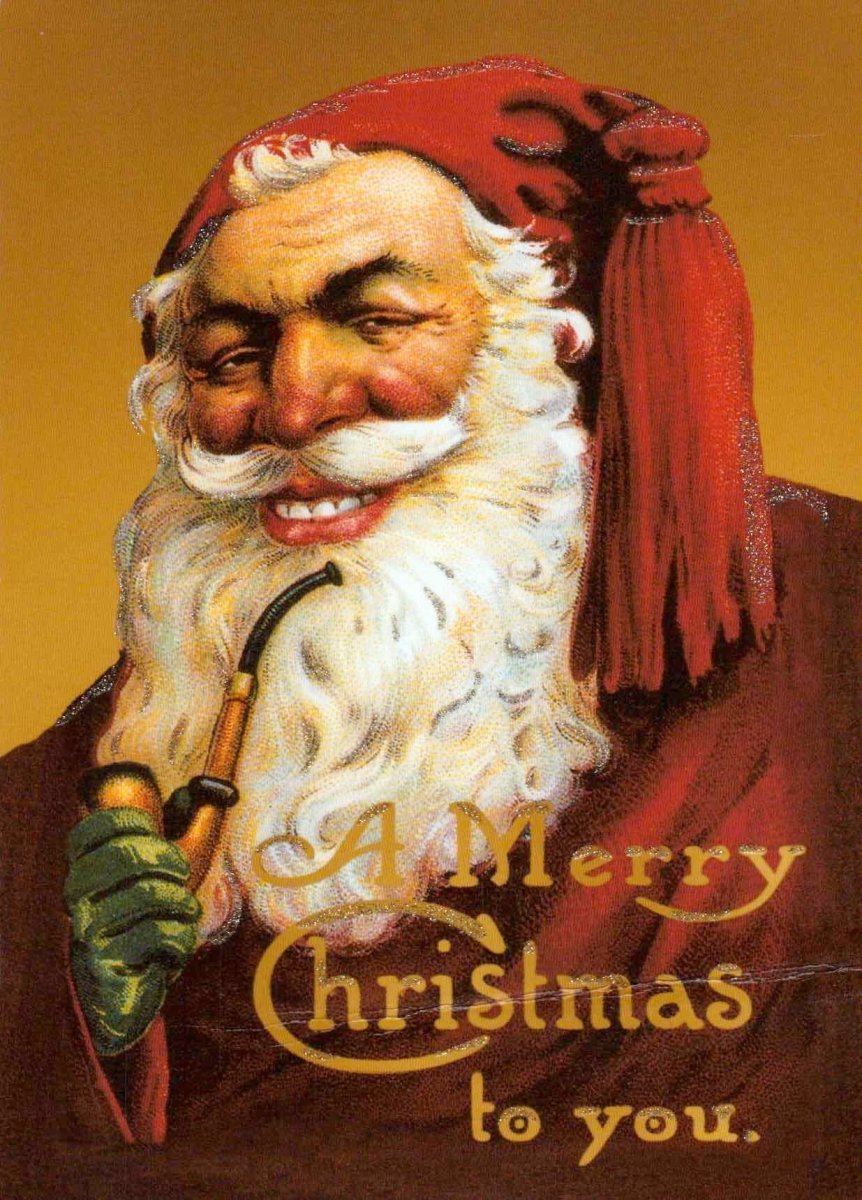 Weihnachtspostkarte retro Weihnachtsmann mit Pfeife
