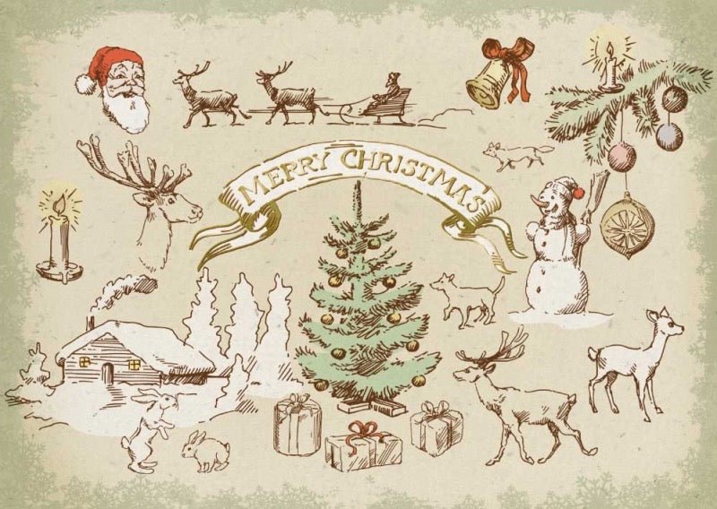 Weihnachtspostkarte retro Weihnachtssymbole natur: Merry Christmas