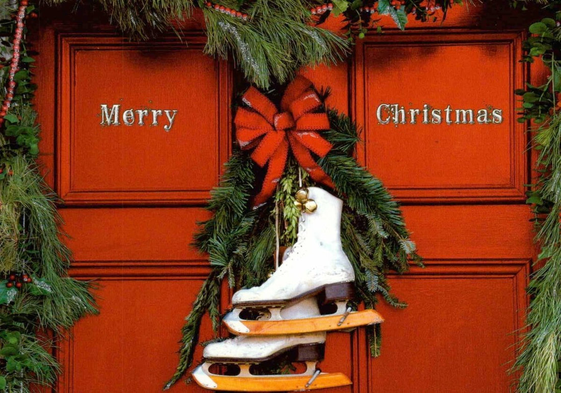 Weihnachtspostkarte Schlittschuhe Haustüre: frohe weihnachten