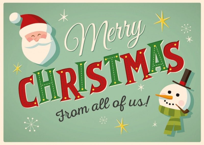 Weihnachtspostkarte Schneemann und Weihnachtsmann: Merry Christmas from all of us!