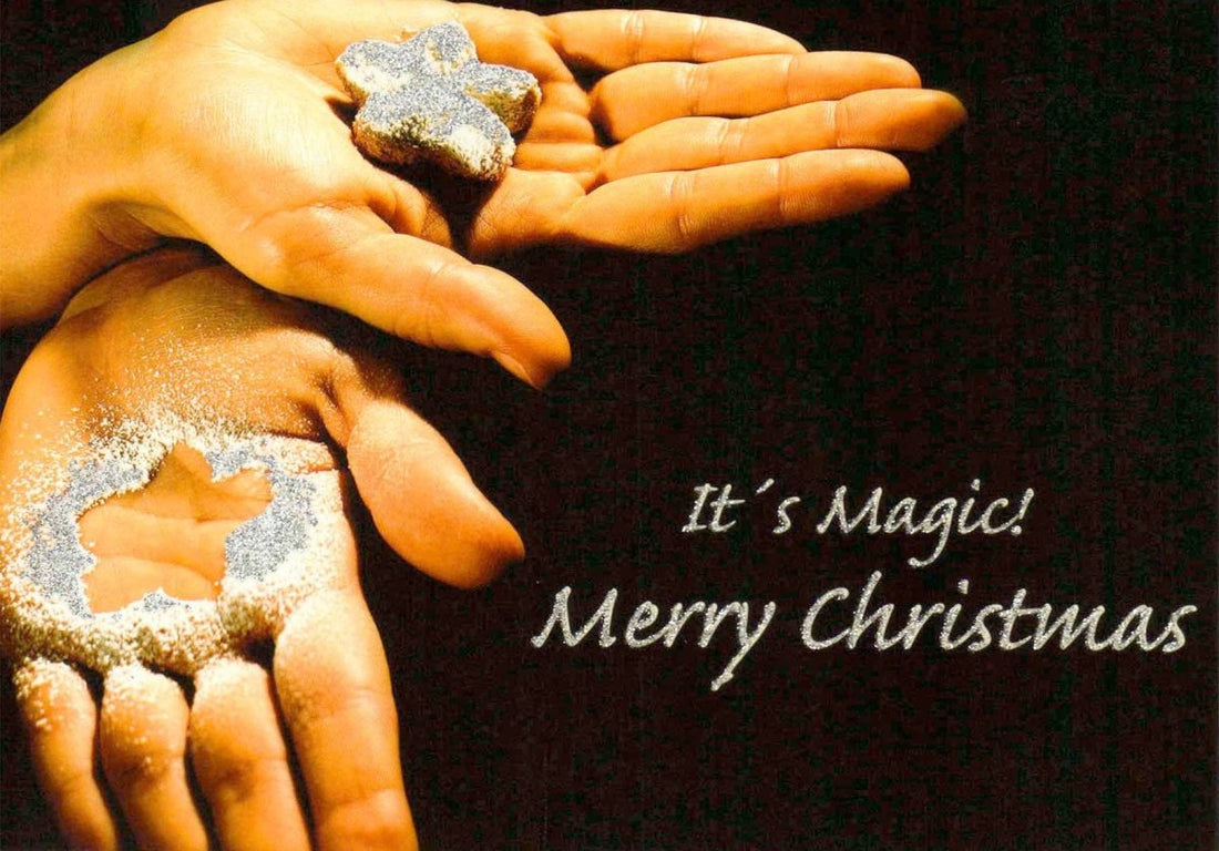 Weihnachtspostkarte Stern in Handflächen: it's magic...