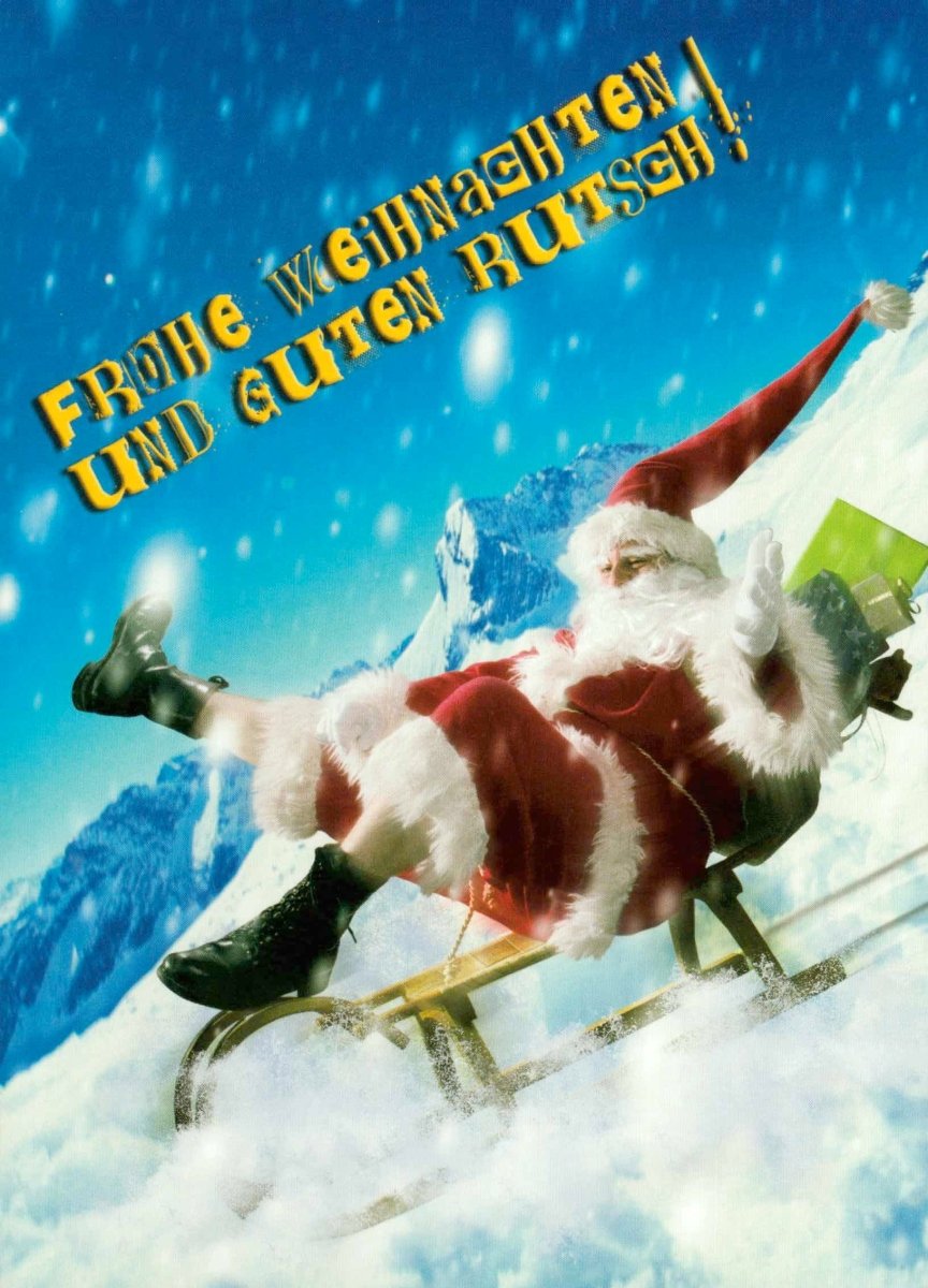 Weihnachtspostkarte Weihnachtsmann Schlitten Berg Schnee