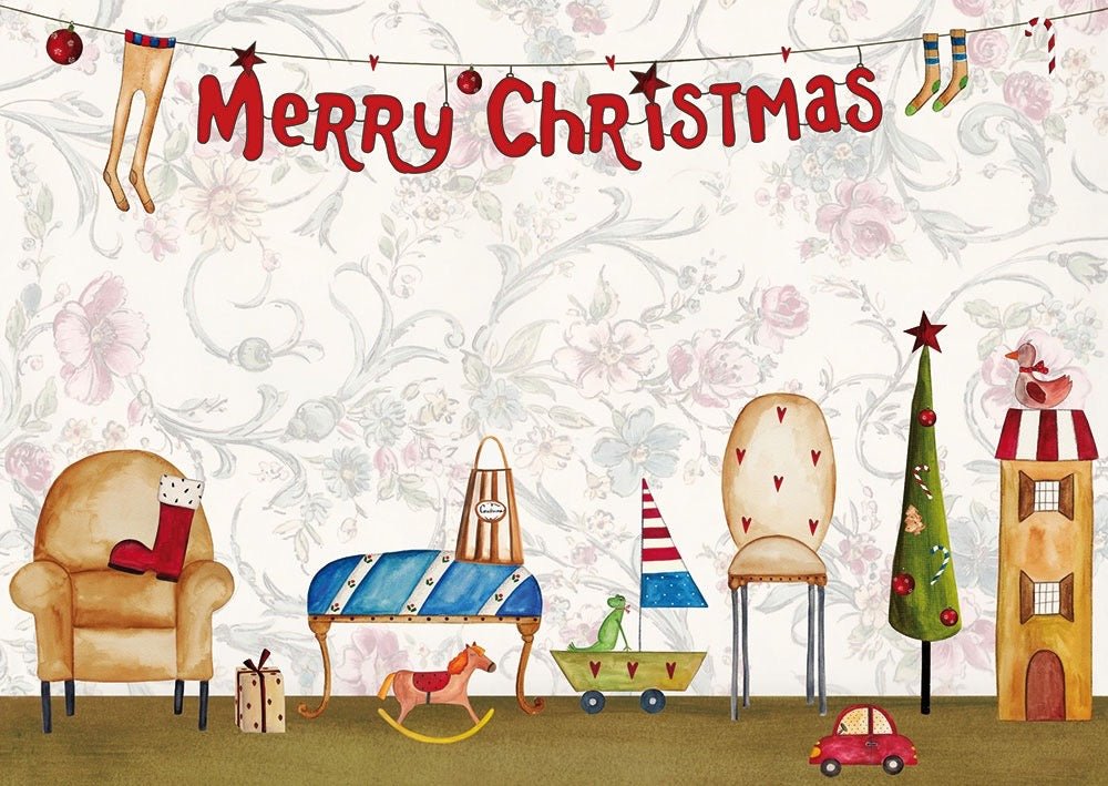 Weihnachtspostkarte Wohnzimmer: Merry Christmas