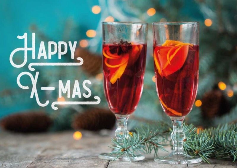 Weihnachtspostkarte zwei Glühweingläser: Happy X - Mas II