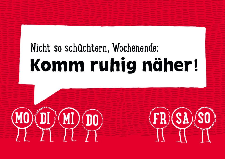 Wochenende Humor Postkarte: Lustiger Spruch in Rot - Weiß, Entspannungs - Einladung für Freizeit & Spaß