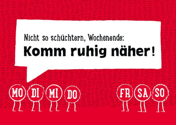 Wochenende Humor Postkarte: Lustiger Spruch in Rot - Weiß, Entspannungs - Einladung für Freizeit & Spaß