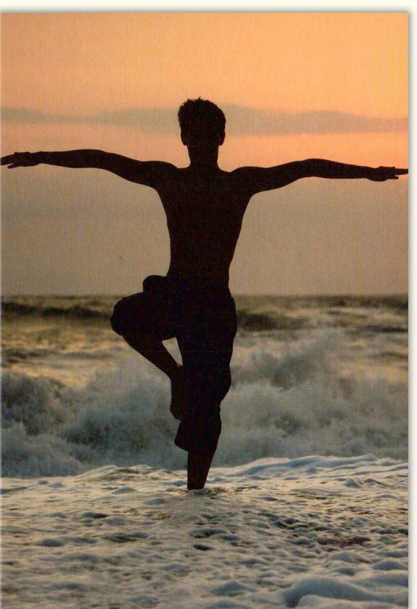 Yoga & Meditation Doppelkarte - Entspannung am Strand - Meer mit Sonnenuntergang, Balance & Ruhe für Wellness, Achtsamkeit, Fitness, Gesundheit - Natur Spiritualität Karte zum Kraft Aufladen & Regeneration