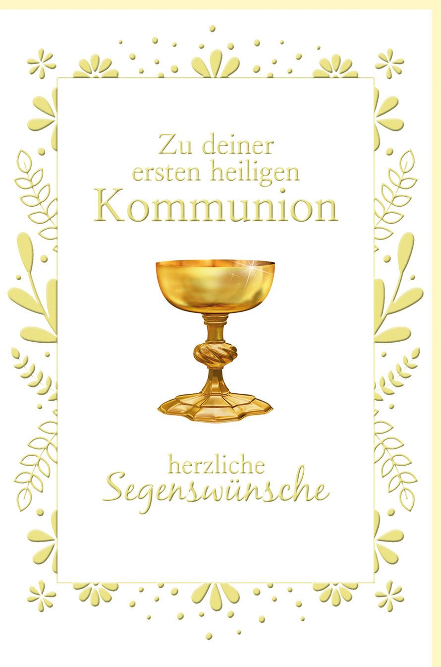 Erstkommunion Doppelkarte mit Kelch - Elegante Glückwunschkarte in Gold, Weiß & Grün, Blumenverzierung, Schlichtes Design für Sakramentfeier, Christliche Segenswünsche