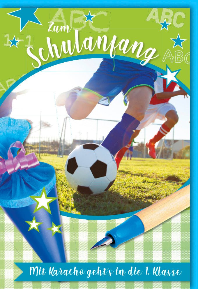 Einschulung Glückwunschkarte für Jungen - Fußball-Thema zum Schulanfang, Erstklässler Schulstart Karte mit Schultüte & Spieler-Motiv