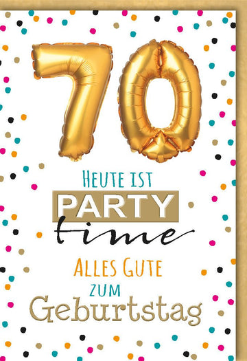 70. Geburtstag Party Time Doppelkarte - Elegante Glückwunsch Jubiläumskarte mit Gold, Schwarz & Buntem Konfetti Design, Stilvolles Geschenk