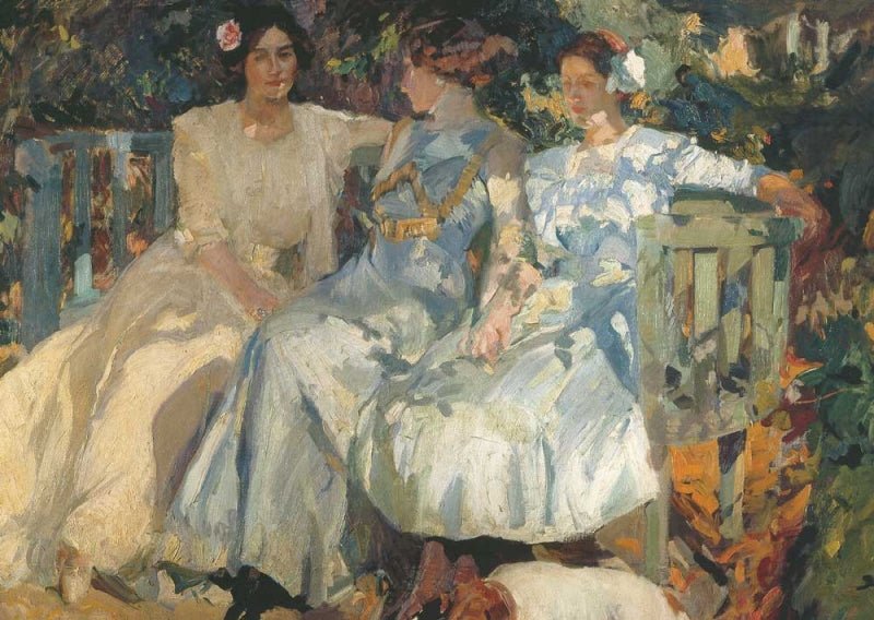 Familie & Freunde - Joaquin Sorolla Kunstpostkarte, Impressionistisches Gemälde von Frauen im Garten, Spanische Eleganz, Vintage Kultur, Licht und Schatten