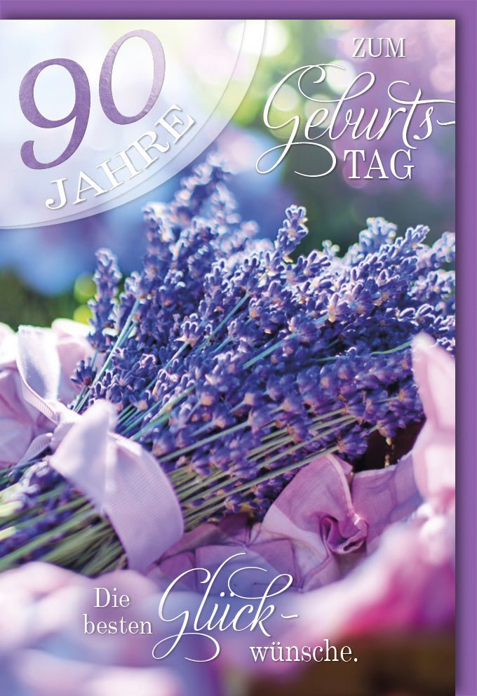 90. Geburtstag Doppelkarte - Elegante Glückwünsche mit Lavendel-Design, Lila Blumen Jubiläumskarte für Neunzigsten, Festliche Gratulationskarte