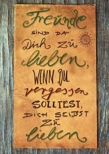 Freundschafts-Postkarte in Holzoptik mit Sonnen-Motiv, Liebe & Selbstliebe Zitat, Handschrift Design, Braun & Grün, Deko Geschenk zur Stärkung von Beziehungen