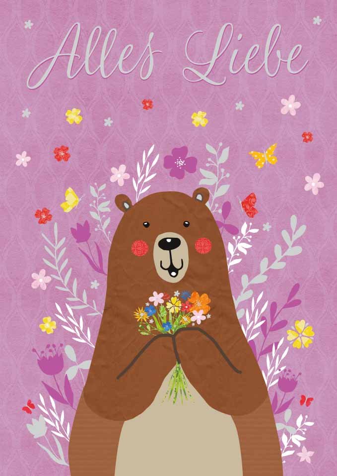 Freundschafts-Postkarte mit Bär & Blumenstrauß - "Alles Liebe" , Herzliche Glückwünsche, Niedliche Tierillustration auf Lila Hintergrund