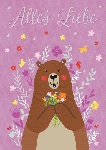 Freundschafts-Postkarte mit Bär & Blumenstrauß - "Alles Liebe" , Herzliche Glückwünsche, Niedliche Tierillustration auf Lila Hintergrund