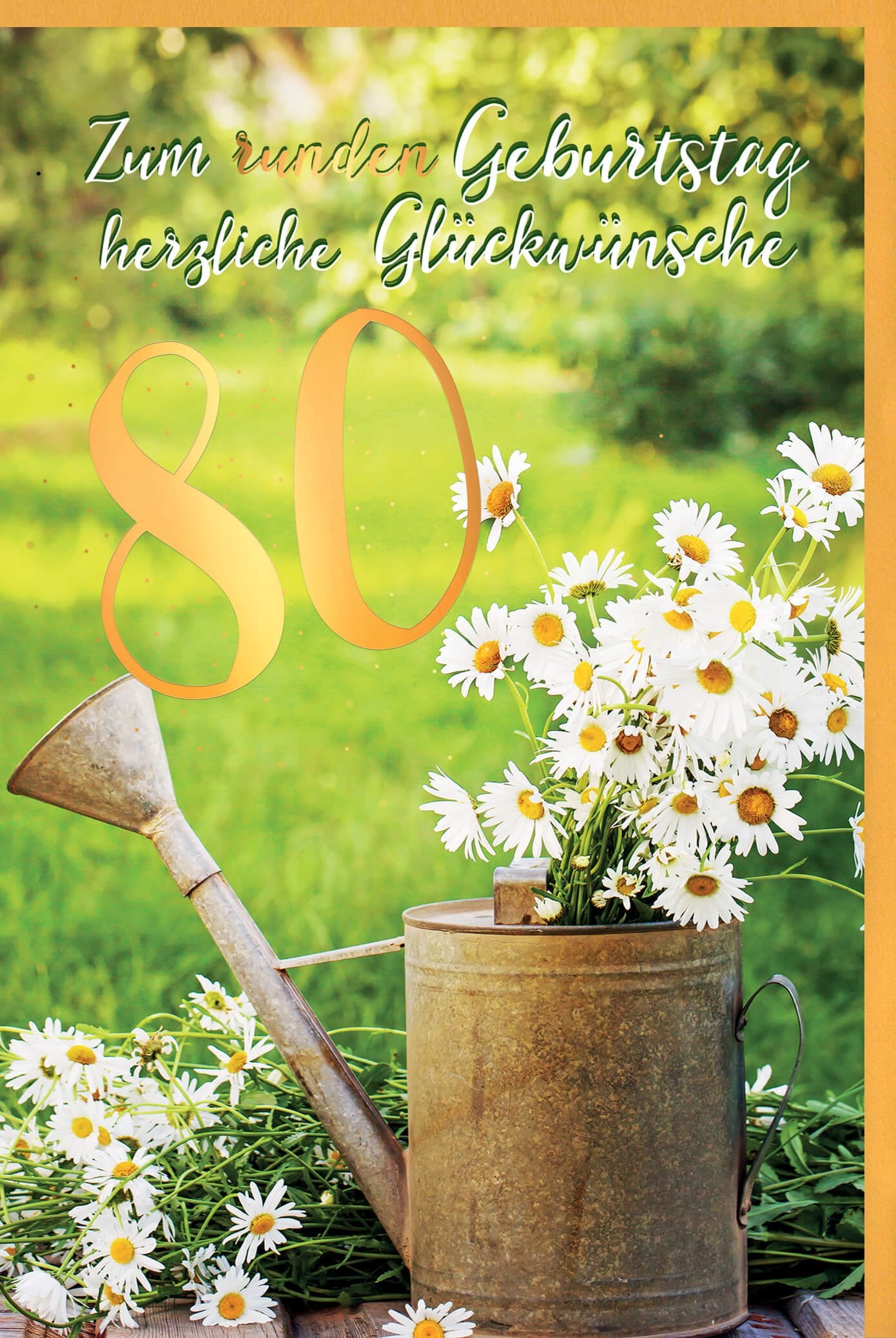 80. Geburtstag Doppelkarte - Elegante Vintage Gänseblümchen mit Goldfolie, Glückwünsche & Becher-Blumenmotiv für Jubiläumsfeier