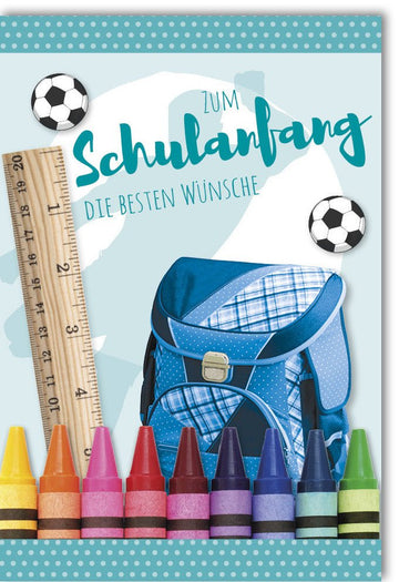 Einschulung Glückwunschkarte für Jungen - Fußball & Schultüte Motiv, Buntstifte & Lineal Design, Schulanfang Wünsche, Gratulation zur Schuleinführung