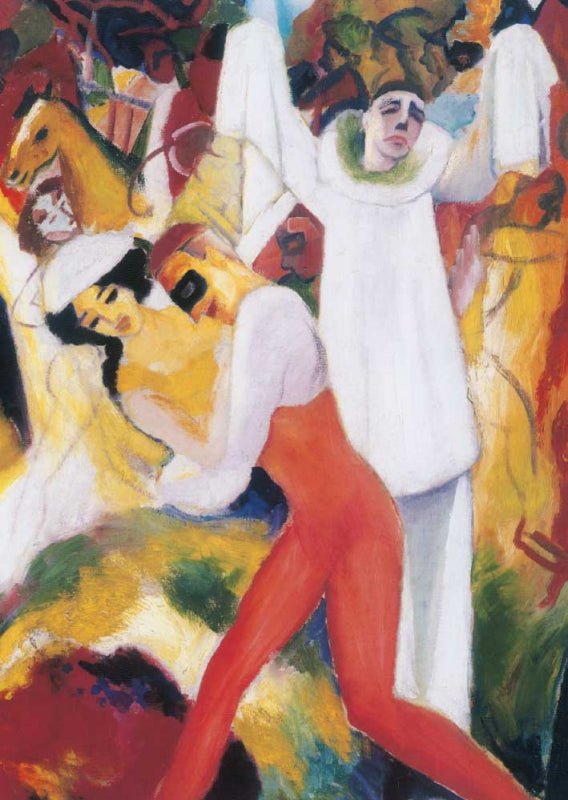 Expressionismus Kunstpostkarte - August Macke 'Pierrot und Tänzerpaar' Reproduktion, Farbenfrohes Gemälde, Sammler Vintage Deko