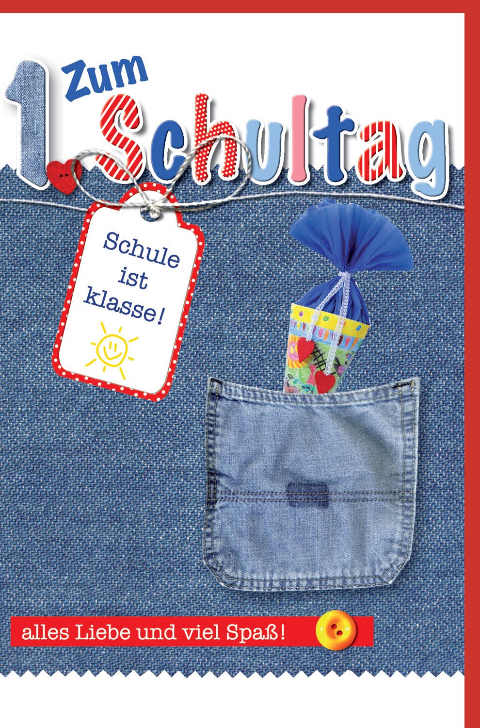 Einschulung Glückwunschkarte mit Schultüte & Jeanstasche Applikation - Denim Stoff Grußkarte zum Schulbeginn für Erstklässler