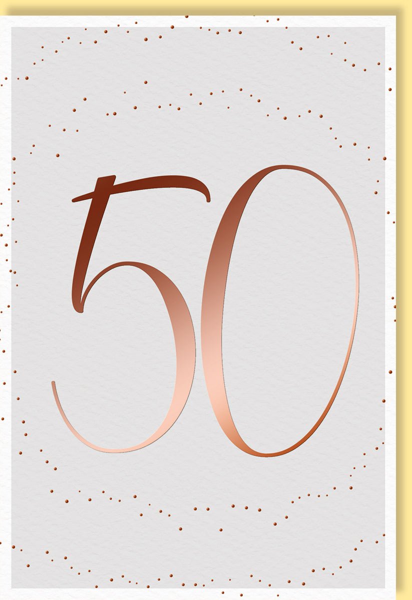 Doppelkarte zum 50 Geburtstag mit Umschlag elegante goldene Zahl 50 auf weißem Hintergrund stilvolle Punkte Design hochwertige Geburtstagskarte mit Umschlag