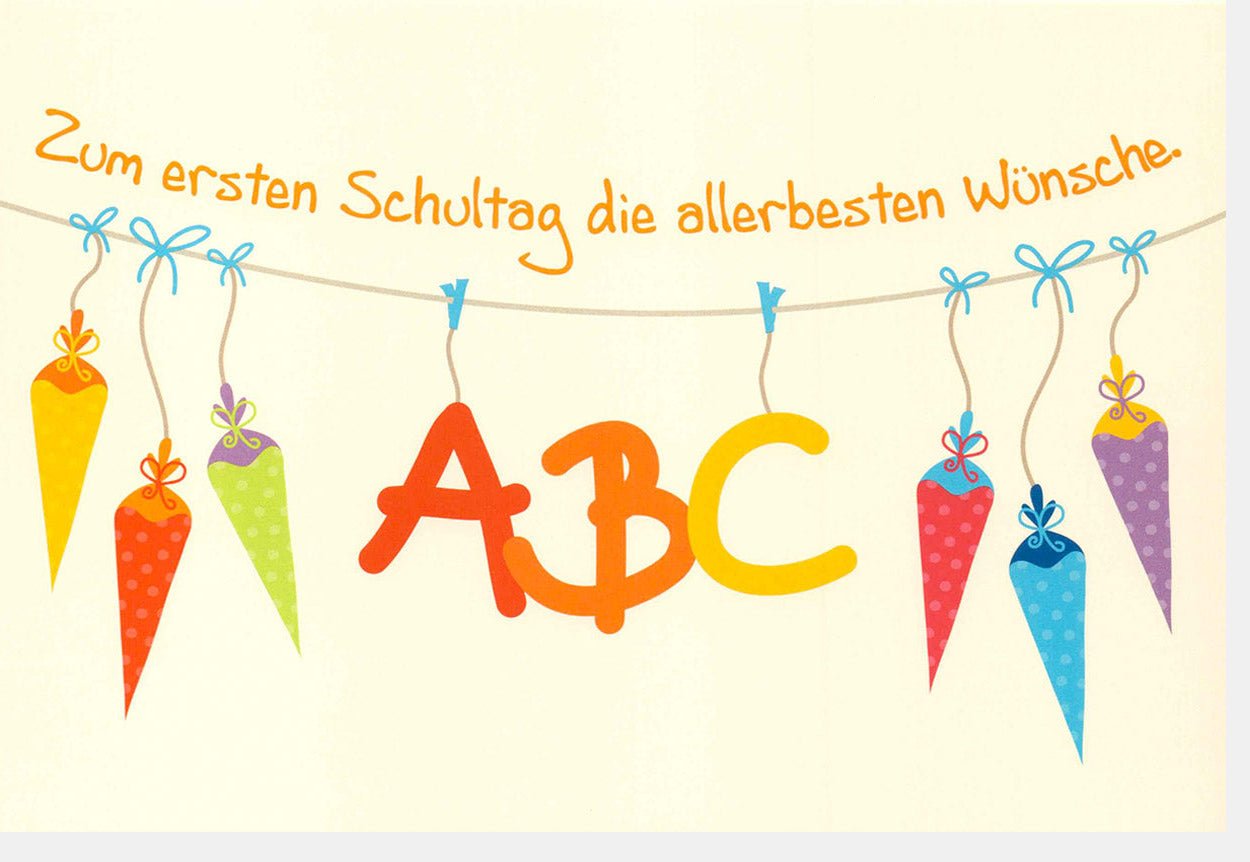 Einschulung Glückwunschkarte zum Schulanfang - Bunte ABC-Grundschulkarte für den Ersten Schultag, Schulstart mit Schultüte Motiv, Lern- und Bildungswünsche für Kinder, Feierliche Doppelkarte