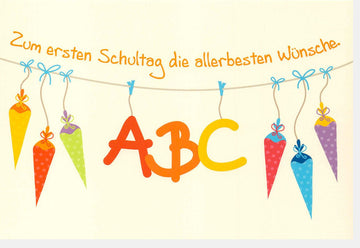 Einschulung Glückwunschkarte zum Schulanfang - Bunte ABC-Grundschulkarte für den Ersten Schultag, Schulstart mit Schultüte Motiv, Lern- und Bildungswünsche für Kinder, Feierliche Doppelkarte