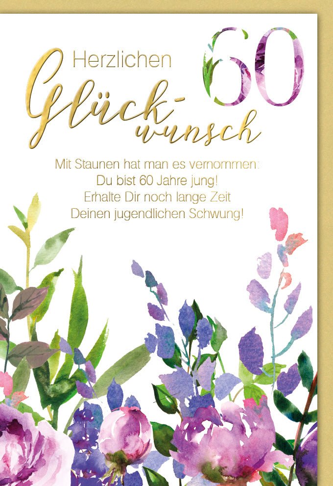 60. Geburtstag Jubiläums-Doppelkarte - Elegante Glückwunschkarte mit Aquarell Blumenmotiv, Festliche Gratulation zum Sechzigsten