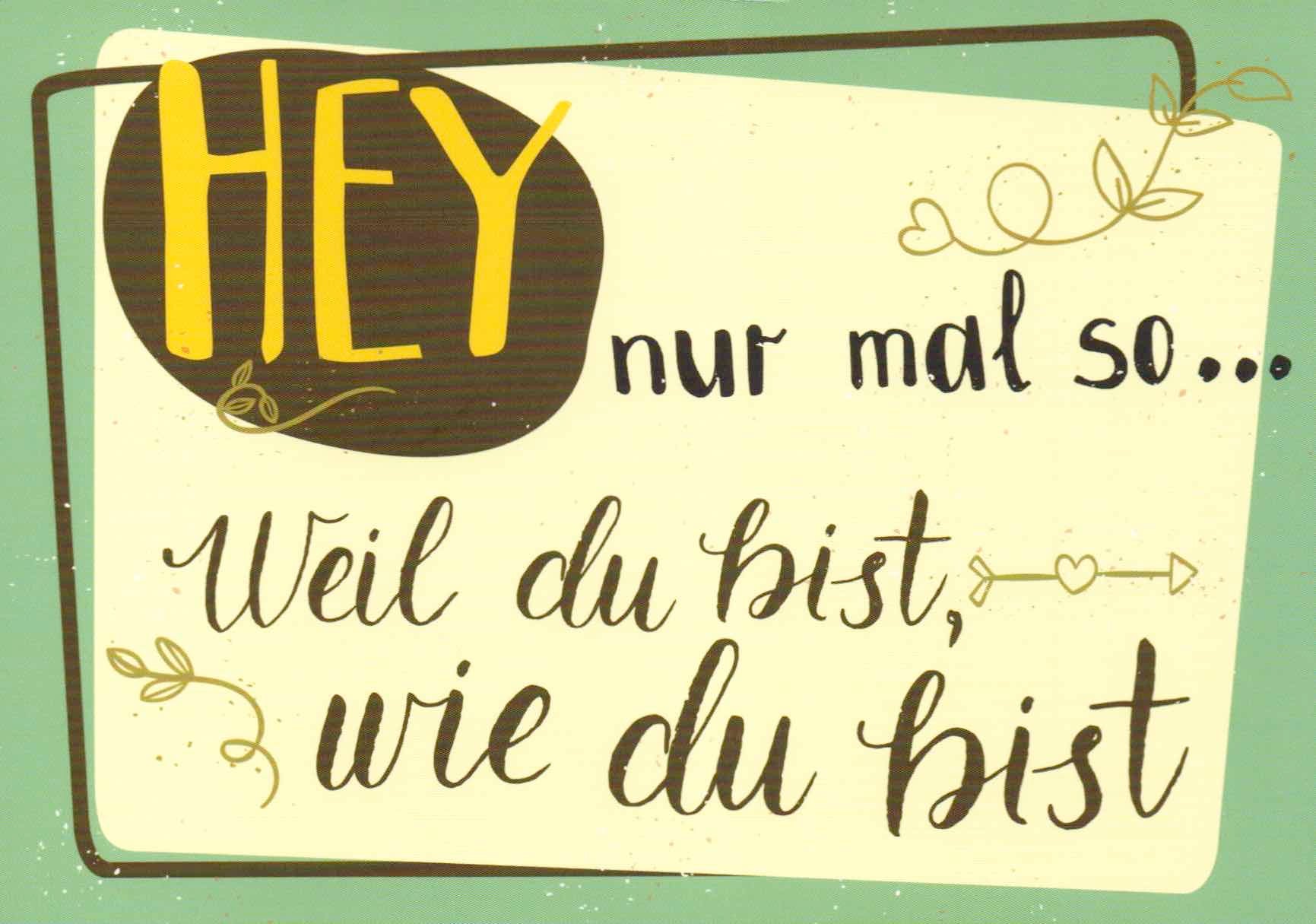 Freundschafts-Postkarte mit Spruch "Hey, nur mal so" - Vintage Retro Stil in Grün & Gelb, Blumen Dekoration, Handschriftliche Schrift - Persönliche Nachricht der Zuneigung für Freunde & Beziehung