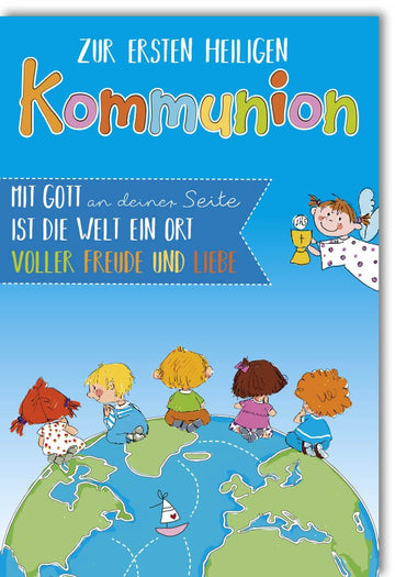 Erstkommunion Glückwunschkarte für Kinder - Doppelkarte mit Umschlag, Feierliche Segenswünsche zur Ersten Heiligen Kommunion, Liebe und Glaube Motive, Christliche Spiritualität und Kirchenfestlichkeit