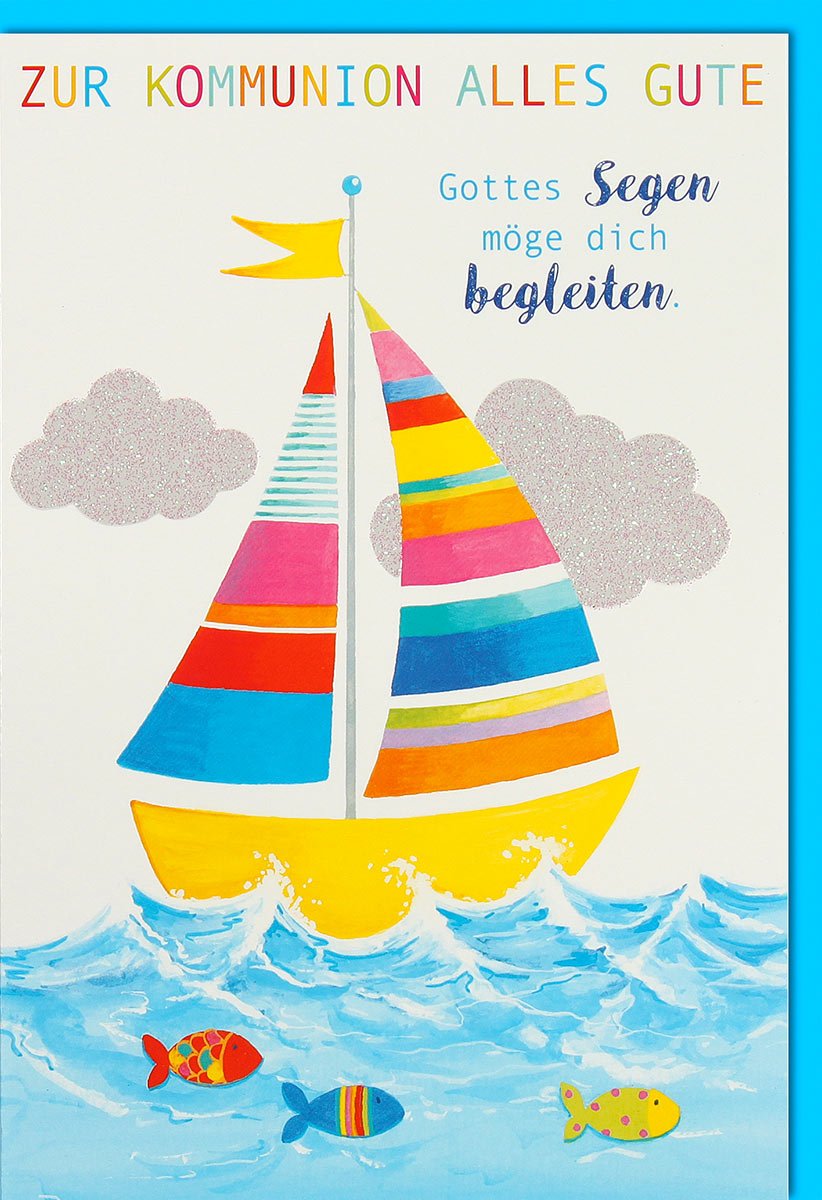 Erstkommunion Glückwunschkarte mit Segen Boot & Fische Motiv - Gottes Segen zur Feier des Sakraments, Kinderchristentum Kirche Gratulationskarte, Meer-Thema Doppelkarte für Kommunionfeier