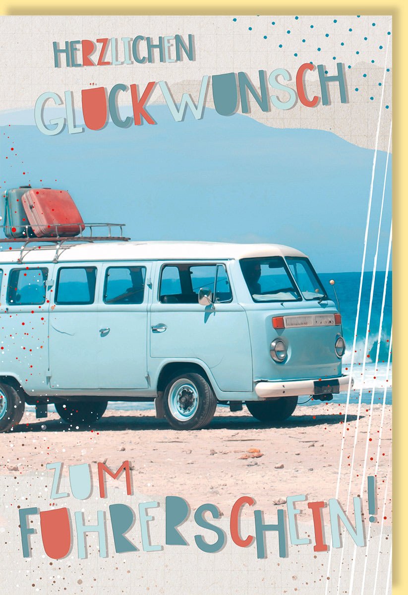 Doppelkarte Glückwunschkarte zur bestandenen Führerscheinprüfung mit Motiv eines Bullis am Strand farbenfrohes Design mit Umschlag
