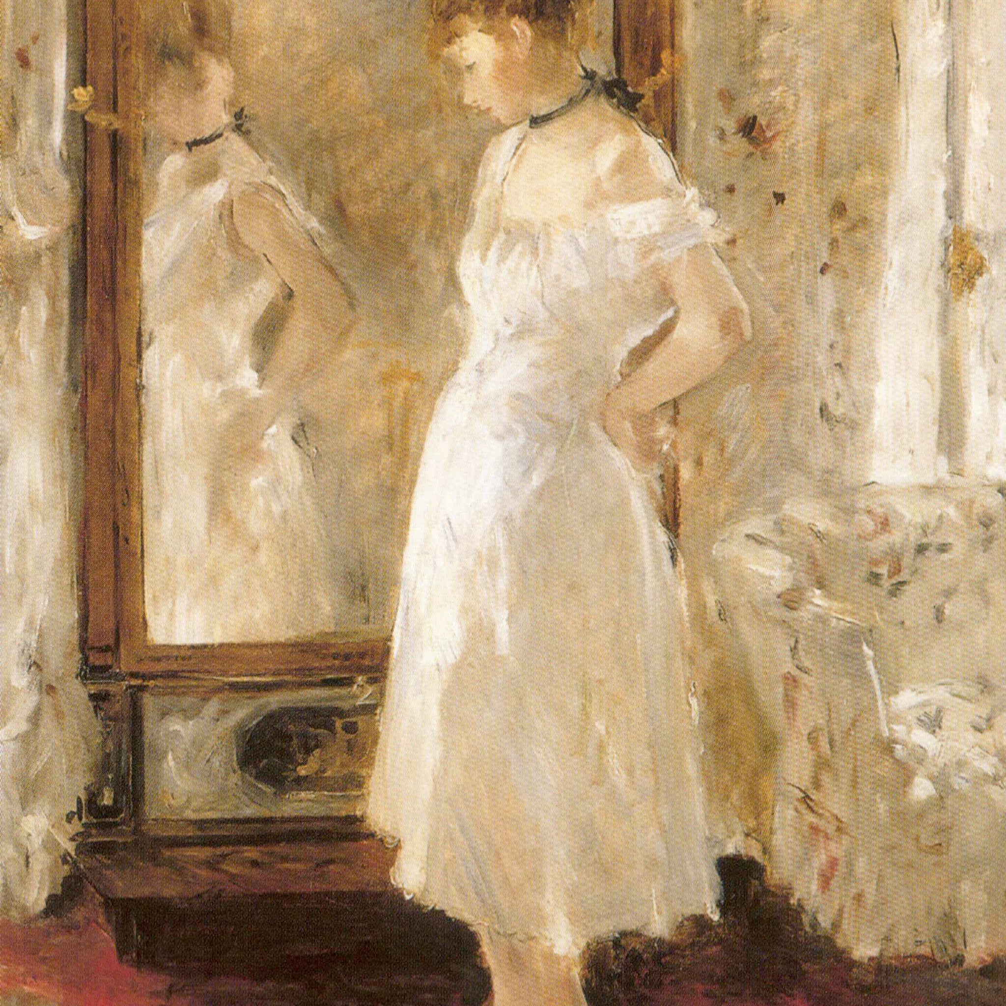 Berthe Morisot Psyche Spiegel - Impressionismus Kunst Postkarte | Frau im Weißen Kleid Reflektion | Innenraum Vintage Kunstdruck für Sammler & Kunstliebhaber