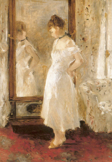 Berthe Morisot Psyche Spiegel - Impressionismus Kunst Postkarte | Frau im Weißen Kleid Reflektion | Innenraum Vintage Kunstdruck für Sammler & Kunstliebhaber