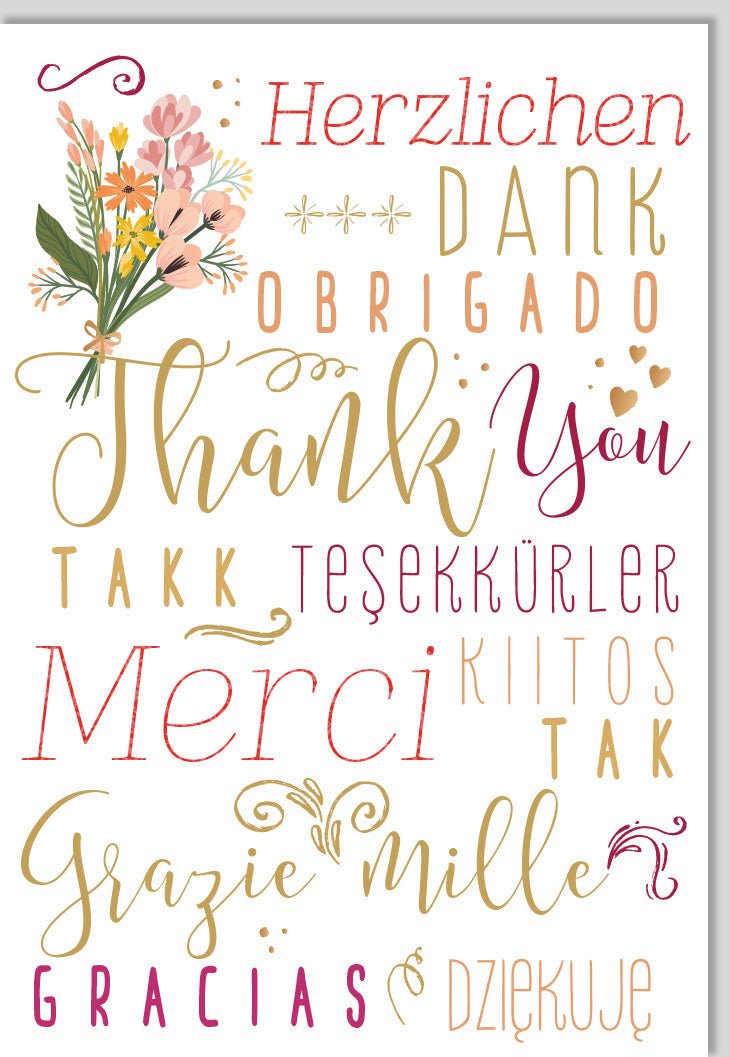 Danksagungskarte Mehrsprachig - Internationale Dankeskarte mit "Thank You, Merci, Gracias, Grazie" Design, Blumen & Herzlichen Dank Motiv für Anlässe & Feiern - Ausdruck der Wertschätzung