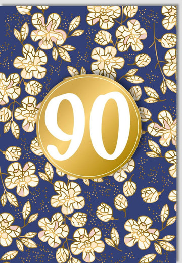 90. Geburtstag Doppelkarte – Floral Gold Jubiläum, Elegante Glückwunsch-Karte mit Festlichem Blumen Design, Retro Vintage Dekorativ