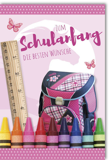 Einschulung Glückwunschkarte zum Schulanfang - Bunte Schultüte, Ranzen & Buntstifte Motiv, Grußkarte für Erstklässler mit Schmetterlingen