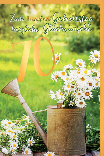 70. Geburtstag Doppelkarte - Elegante Glückwünsche mit Blumen & Gießkanne, Stilvolle Gratulation zum runden Jubiläum