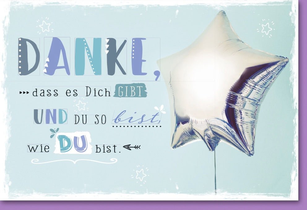 Danksagung Doppelkarte mit Sternen & Ballon - Persönliche Dankeskarte in Silberglanz mit Textbotschaft für besondere Wertschätzung
