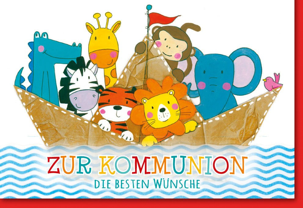 Erstkommunion Doppelkarte mit Tier- und Segelboot-Motiv - Bunte Glückwunschkarte für Kinder zur religiösen Feier, Christliche Segenswünsche, Illustration im Cartoon-Stil, Meer & Ozean Design in Blau/Braun