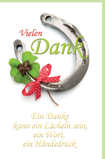 Danksagung & Glückwünsche Doppelkarte - Hufeisen & Kleeblatt Design mit Schleife in Grün, Rot, Weiß - Dankeskarte für jeden Anlass, Textbotschaft der Wertschätzung, Anerkennung und Hoffnung