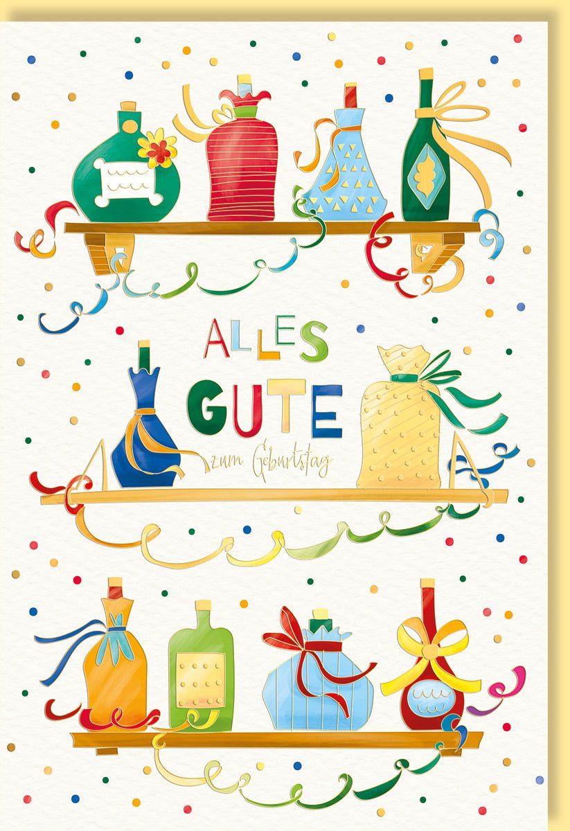 Blankokarte zum Geburtstag mit bunten Flaschen und Konfetti farbenfrohes Design ideal für verschiedene Anlässe hochwertige Doppelkarte mit Umschlag