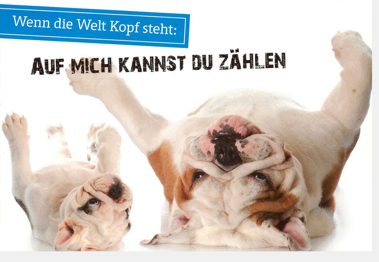 Aufmunterungskarte für Freunde - Kopf steht Welt verkehrt Hund Motiv - Trost, Zuversicht & Kraft Schenken - Positives Denken & Vertrauen Stärken - Unterstützende Doppelkarte mit Umschlag