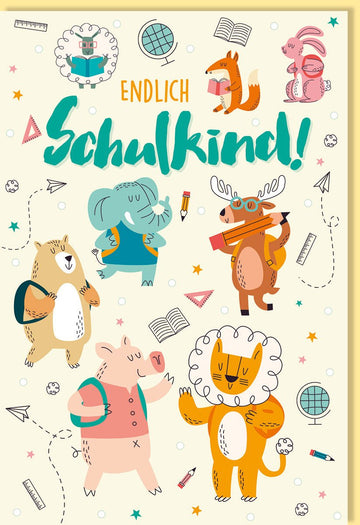 Einschulung Glückwunschkarte für Schulanfänger - Bunte Tierillustrationen, Pastell Cartoonzeichnung, Erster Schultag Doppelkarte mit Schultüte Motiv - Ideal für Kinder, Eltern und Lehrer zur Einschulungsfeier