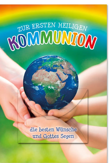 Erstkommunion Doppelkarte für Kinder - Glückwunschkarte mit Weltkugel-Motiv, Geldkuvert, Segenswünsche in Grün & Blau, Glaube und Religion, Feierliche Grüße für Familie und Freunde