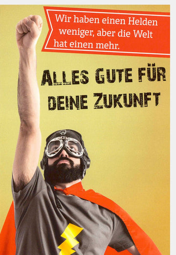 Abschiedskarte für Kollegen & Freunde - "Neues Kapitel": Motivierende Zukunftswünsche, Superhelden-Mutmachspruch, Humorvolle Glückwunschkarte zum Aufbruch & Neuanfang, Inspirierendes Abschiedsgeschenk mit Erfolgswünschen