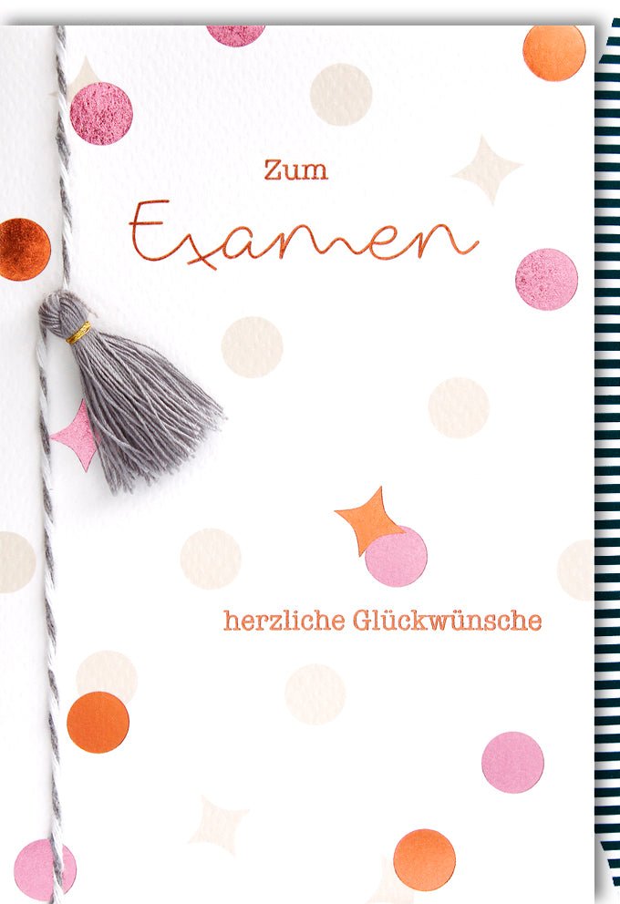 Examen Erfolg Glückwunschkarte - Elegante Doppelkarte mit Quaste & Punkte Design, Perfekte Gratulationskarte zum Bestandenen Prüfung, Edle Schreibwaren für Feier, Papeterie Geschenkidee mit Glückwunschtext