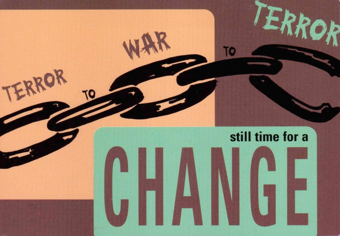 Friedensbewegung Retro Postkarte – 'Change Now' mit Kette und Sprengung, Anti - Krieg & Terror, Spirituelle Hoffnung & Transformation, Vintage Design mit kraftvoller Textbotschaft