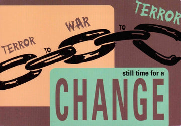 Friedensbewegung Retro Postkarte – 'Change Now' mit Kette und Sprengung, Anti - Krieg & Terror, Spirituelle Hoffnung & Transformation, Vintage Design mit kraftvoller Textbotschaft